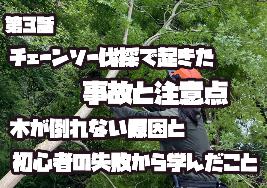 チェーンソーで木を伐採する初心者の様子。倒れない木に戸惑いながらも安全装備を着用して作業する場面。