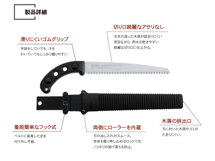 シルキーのゴム太郎ノコギリの商品説明画像。刃の形状やゴムハンドルの特徴、用途がわかる公式イメージ。
