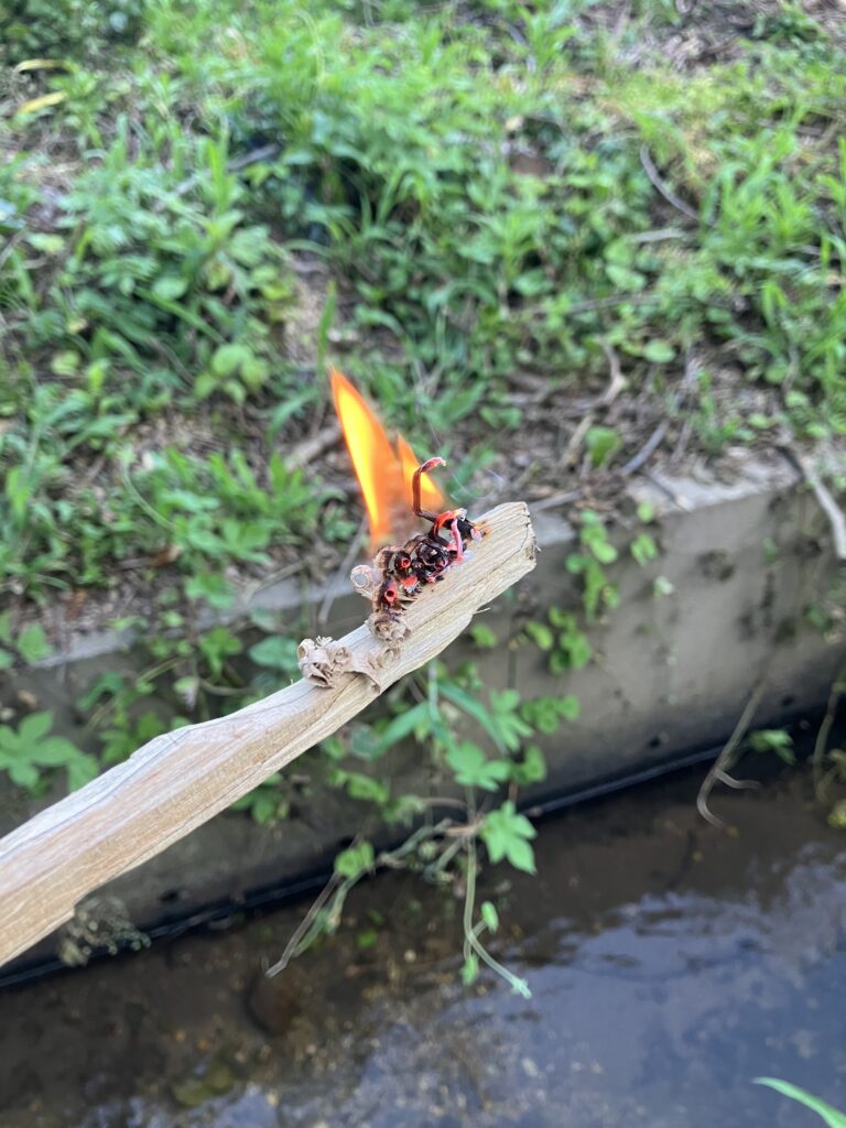 ハルタホース オールラウンドプラスで削ったフェザースティックに火を灯している様子