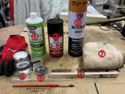 斧の錆び取りに使用する道具一式。ラストリムーバー、KURE 5-56、真鍮ブラシなどを並べた写真。