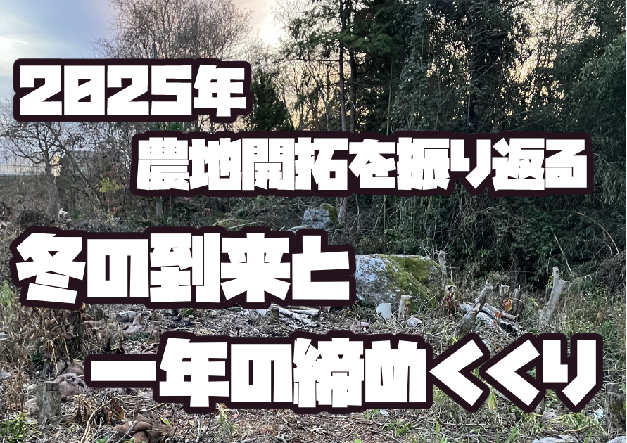 2025年の農地開拓を振り返る、現在の農地全景を背景にしたアイキャッチ画像