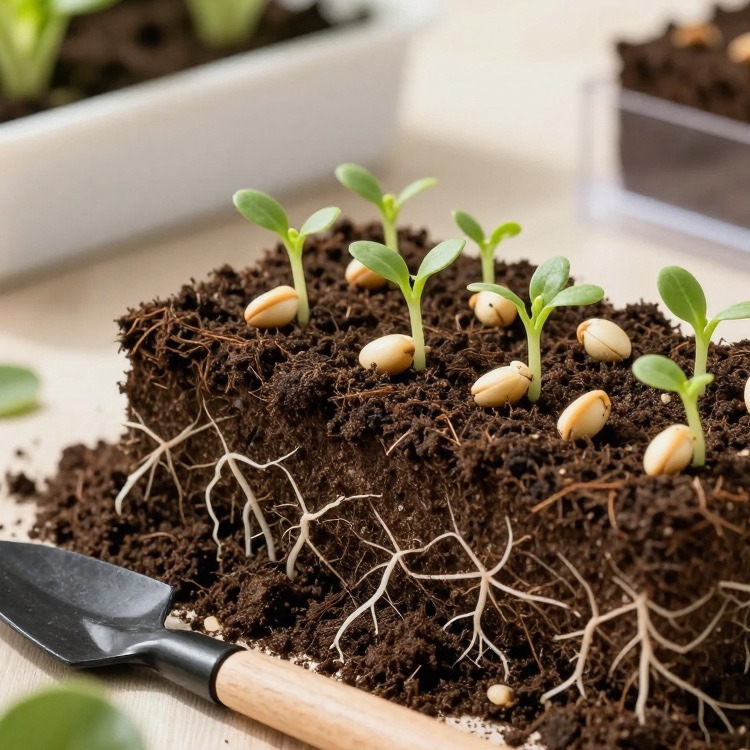 家庭菜園で発芽率を高めるために、土壌と水分条件を整えて種が発芽している様子