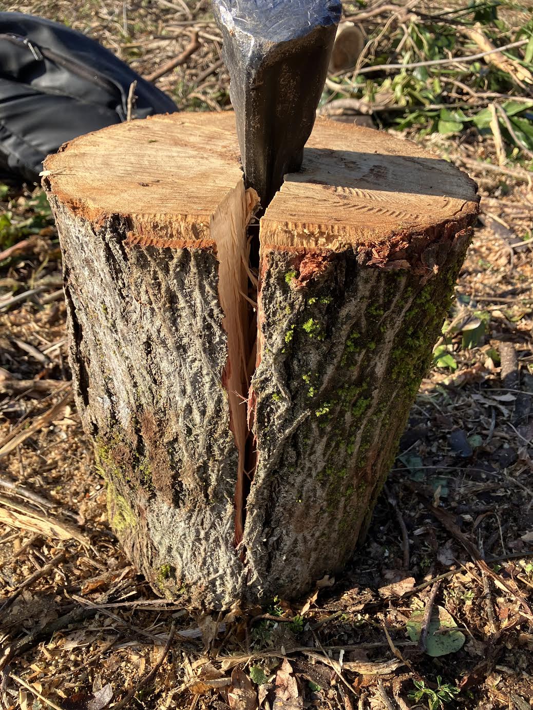 ねじりクサビで丸太に大きく亀裂が入った状態