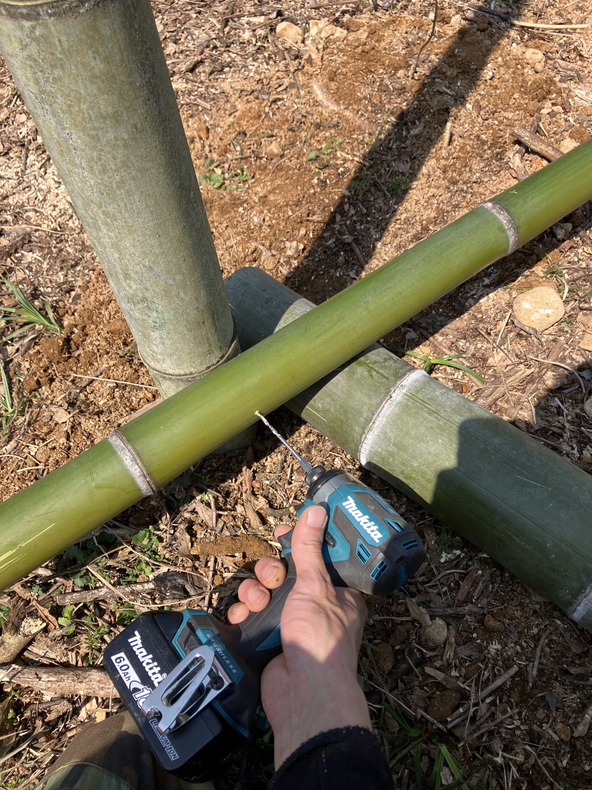 インパクトドライバーで竹に下穴を開けている作業