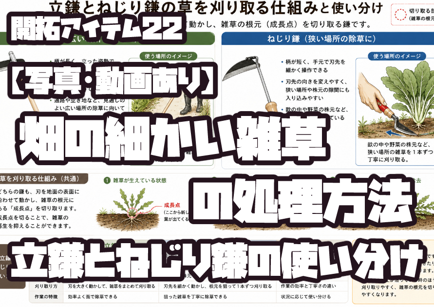 畑の細かい雑草を立鎌とねじり鎌で処理する方法