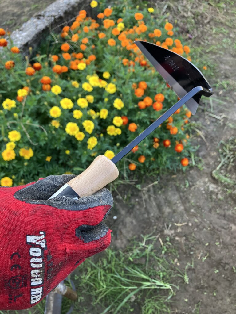 畝の中などの細かな雑草を取り除くために使用するねじり鎌