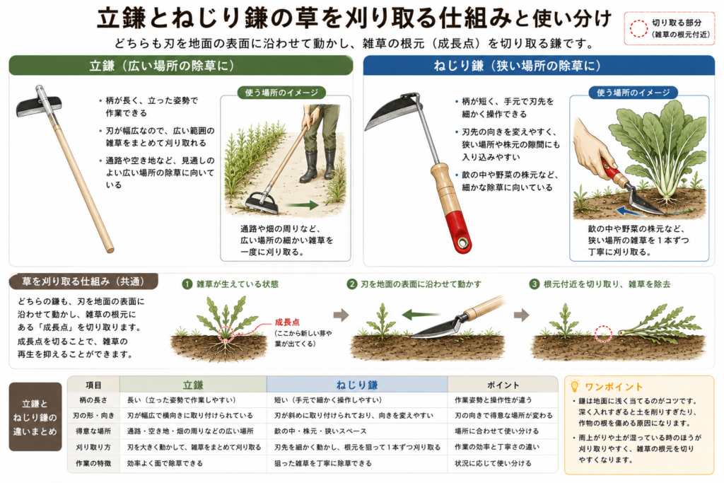 立鎌とねじり鎌で雑草を刈り取る仕組みと使い分けを示したイラスト